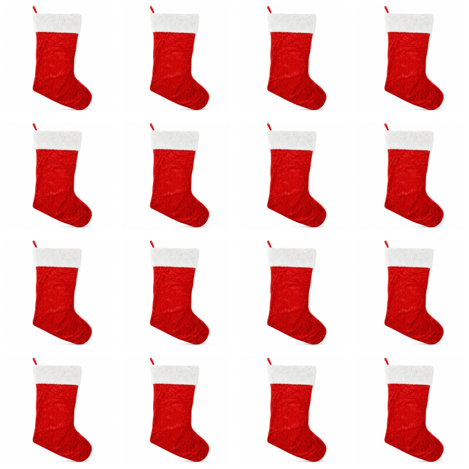 Jumbo red plush Christmas stocking with white faux fur cuff, sold in bulk packs