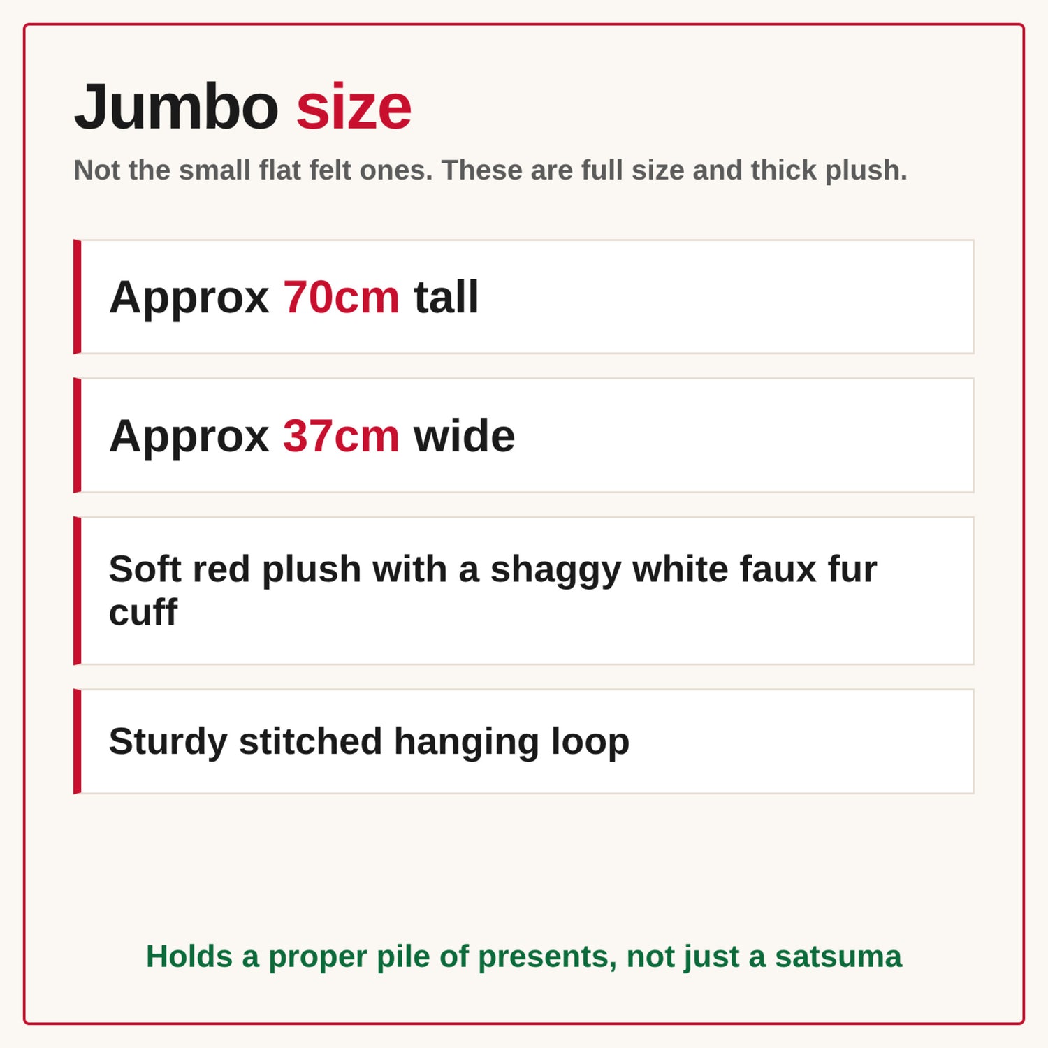 Jumbo red plush Christmas stocking with white faux fur cuff, sold in bulk packs