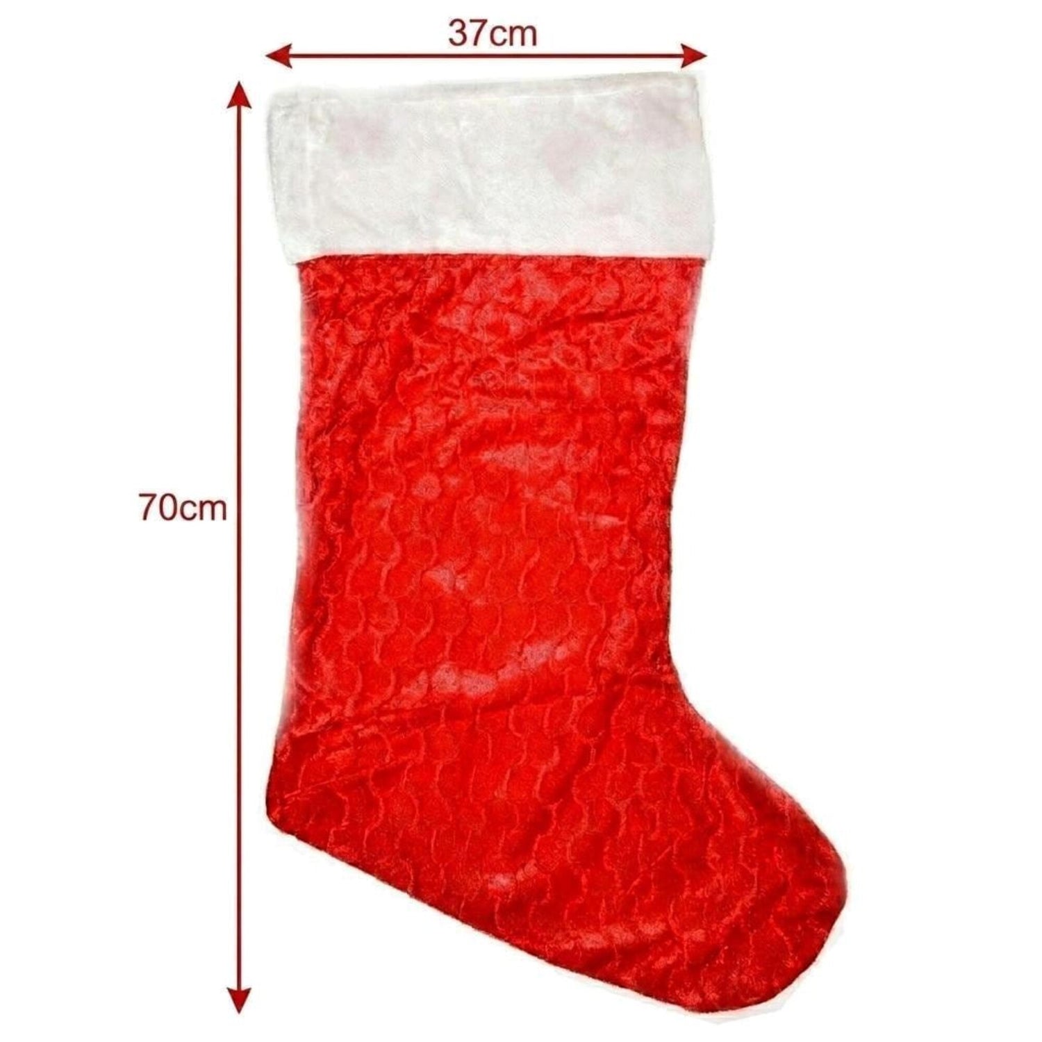 Jumbo red plush Christmas stocking with white faux fur cuff, sold in bulk packs