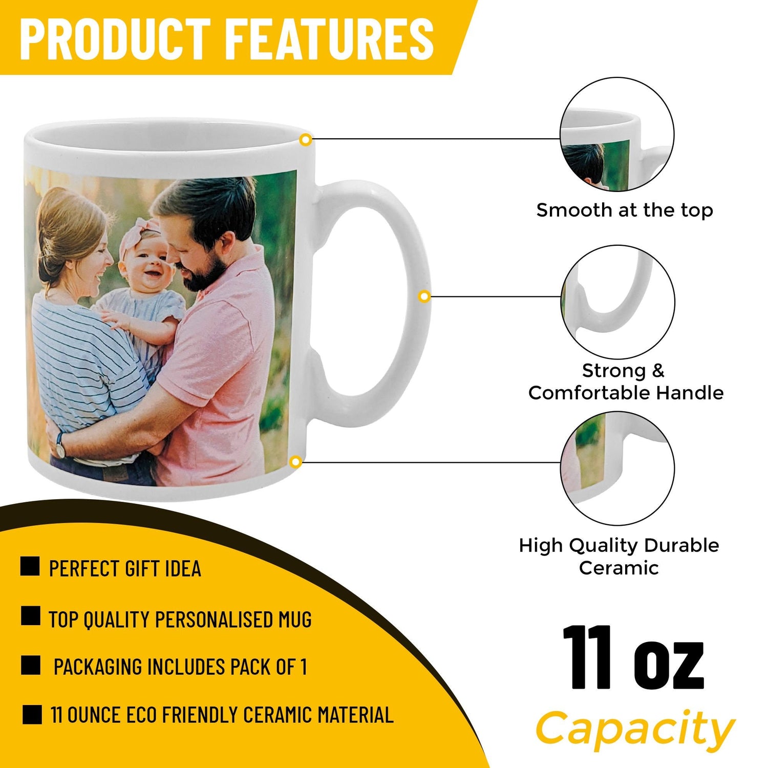 Personalised photo mug white ceramic 11oz — detail view 1
