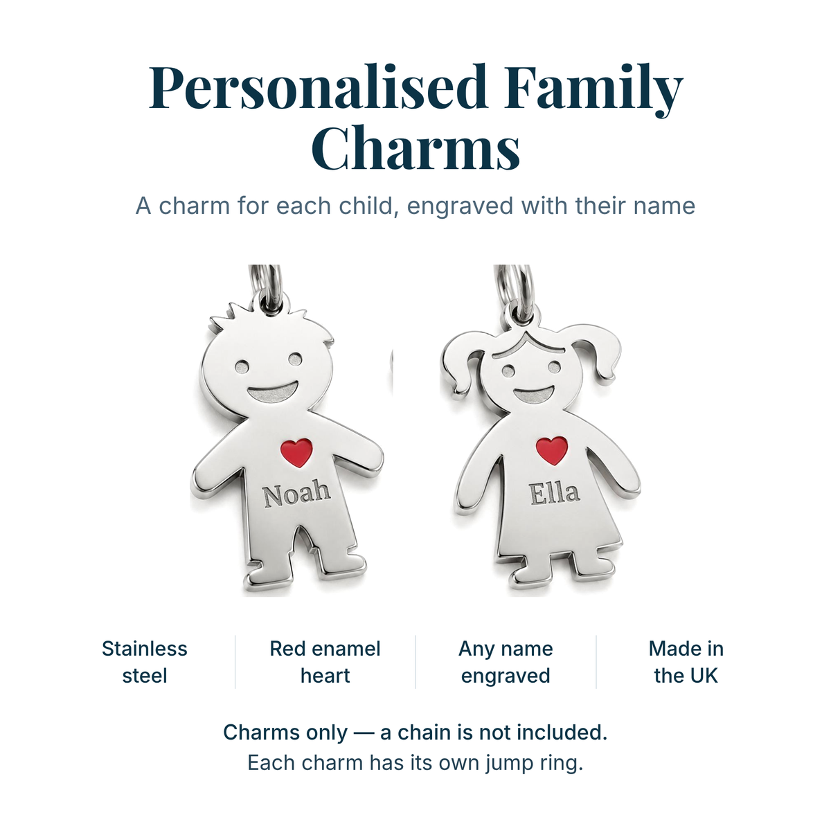 Personalised family charms, boy and girl, engraved