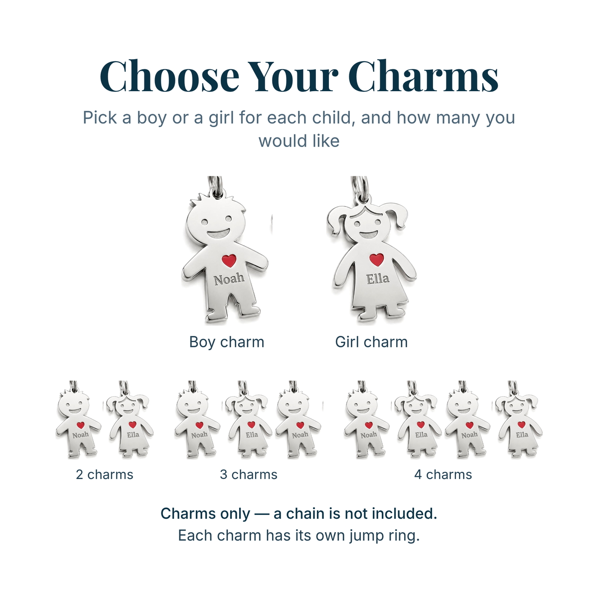 Personalised family charms, boy and girl, engraved