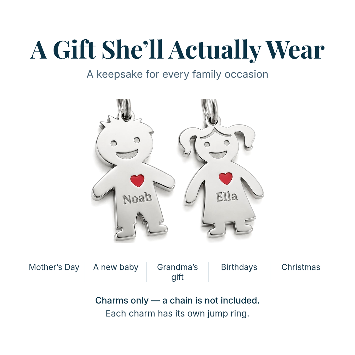 Personalised family charms, boy and girl, engraved