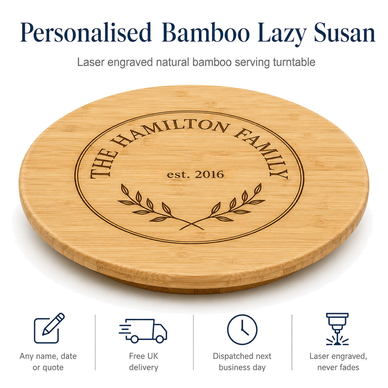 Personalised Bamboo Lazy Susan — Engraved Serving Turntable — Main