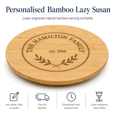 Personalised Bamboo Lazy Susan — Engraved Serving Turntable — Main