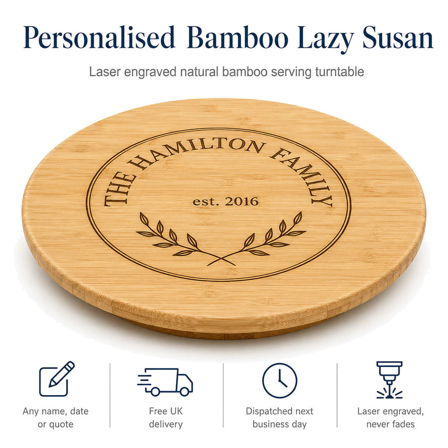 Personalised Bamboo Lazy Susan — Engraved Serving Turntable — Main