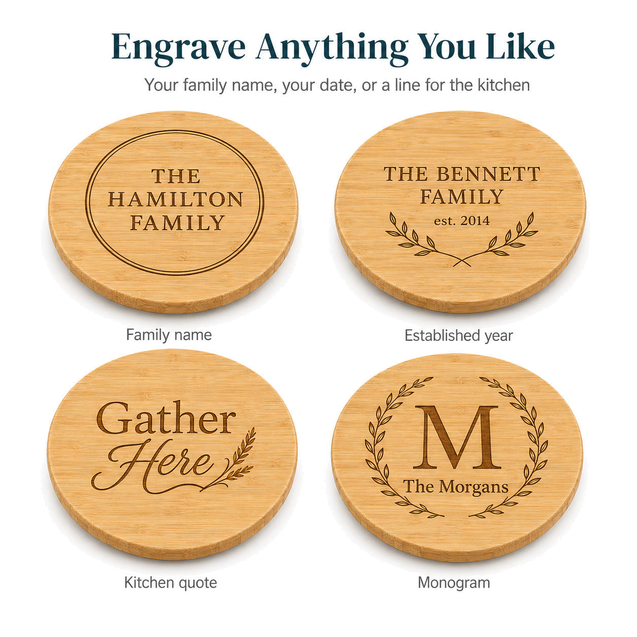 Personalised Bamboo Lazy Susan — Engraved Serving Turntable — Designs