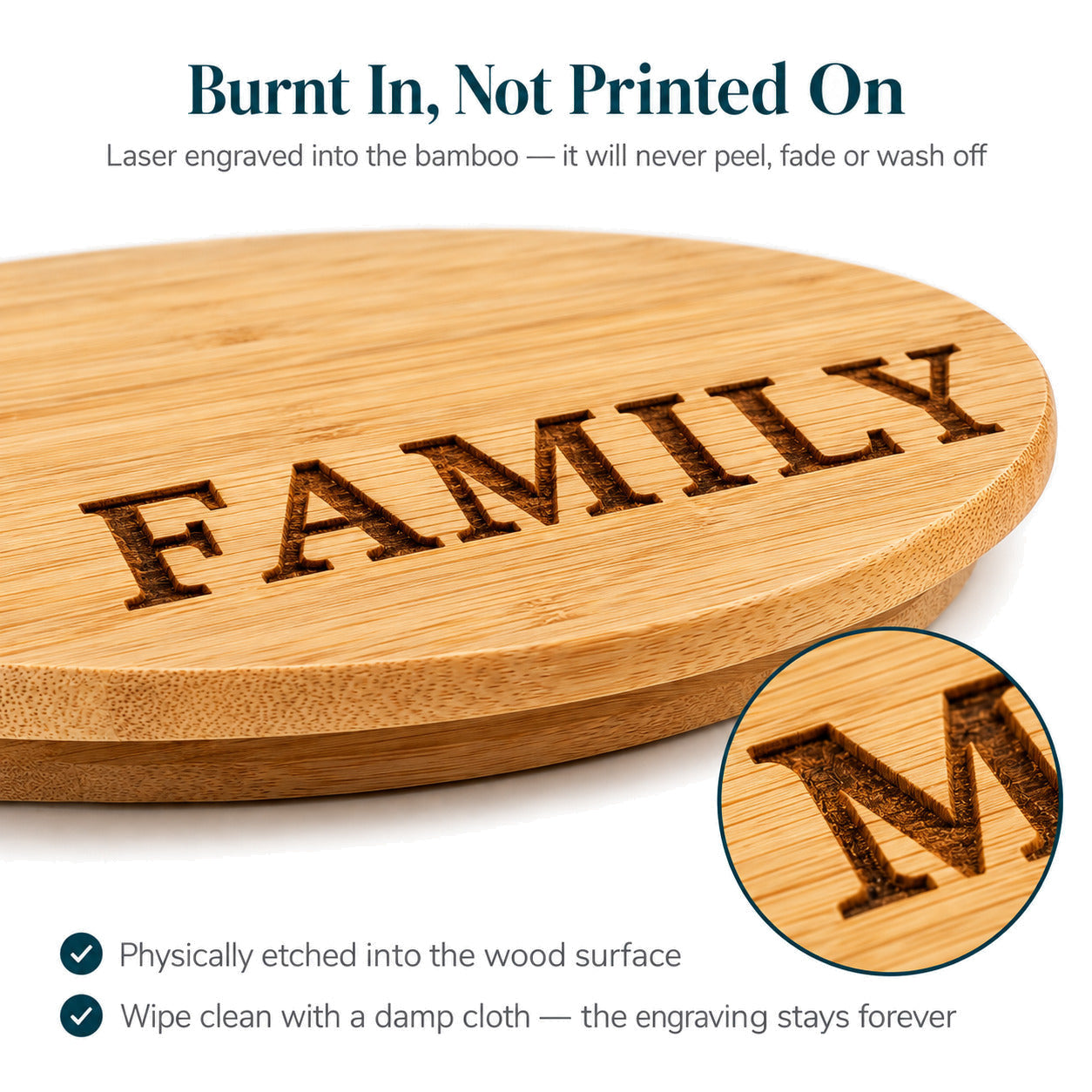 Personalised Bamboo Lazy Susan — Engraved Serving Turntable — Engraving Detail