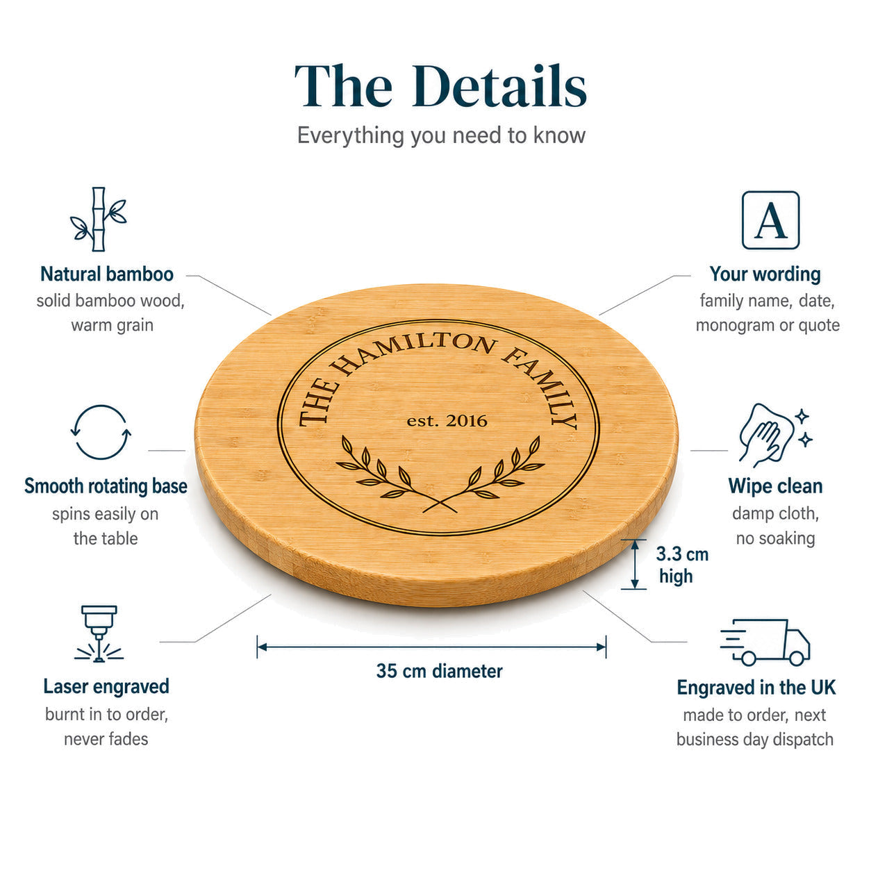 Personalised Bamboo Lazy Susan — Engraved Serving Turntable — Size & Specs