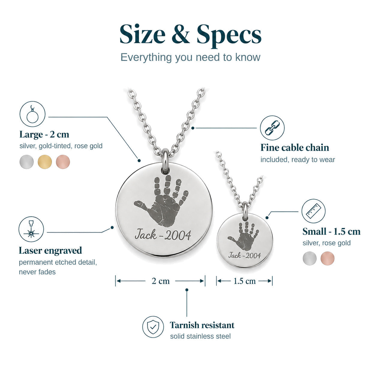 Personalised Disc Necklace — Engraved Coin Pendant — Size & Specs