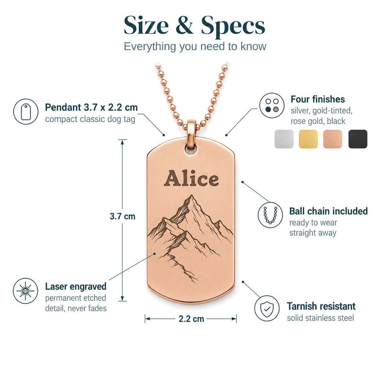 Personalised Dog Tag Necklace — Engraved Pendant — Size & Specs