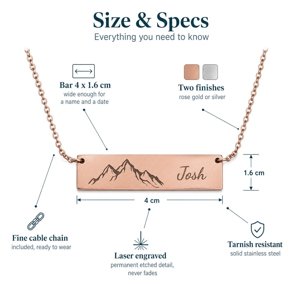 Personalised Horizontal Bar Necklace — Engraved Name Bar — Size & Specs
