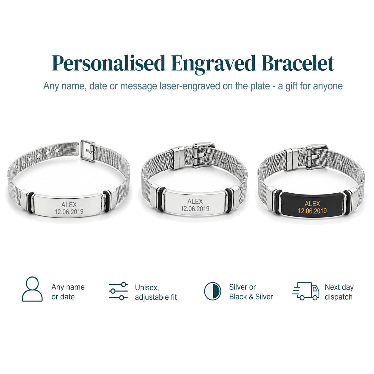 Personalised Bracelet — Engraved Mesh Strap — Main