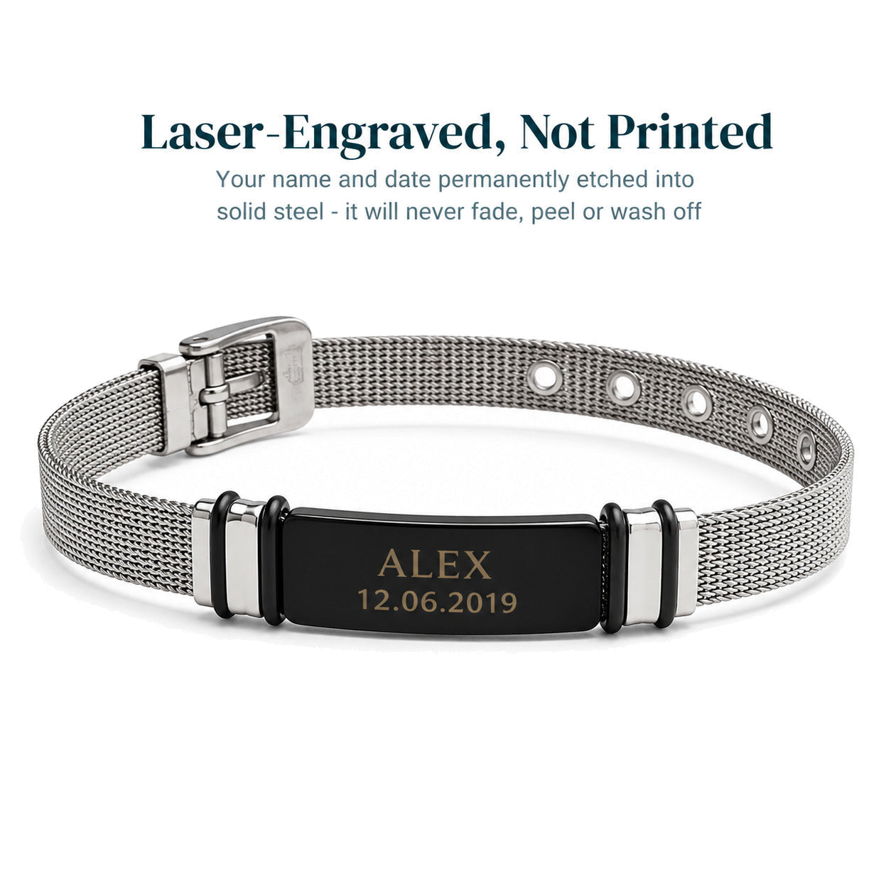 Personalised Bracelet — Engraved Mesh Strap — Engraving