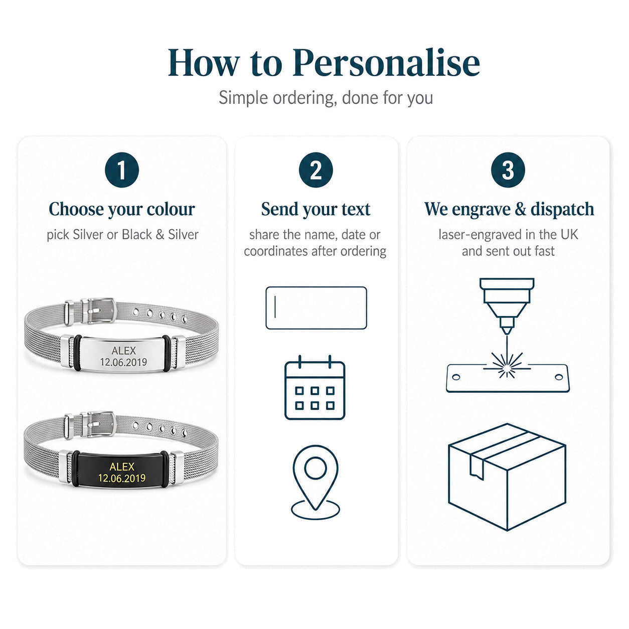 Personalised Bracelet — Engraved Mesh Strap — Personalisation