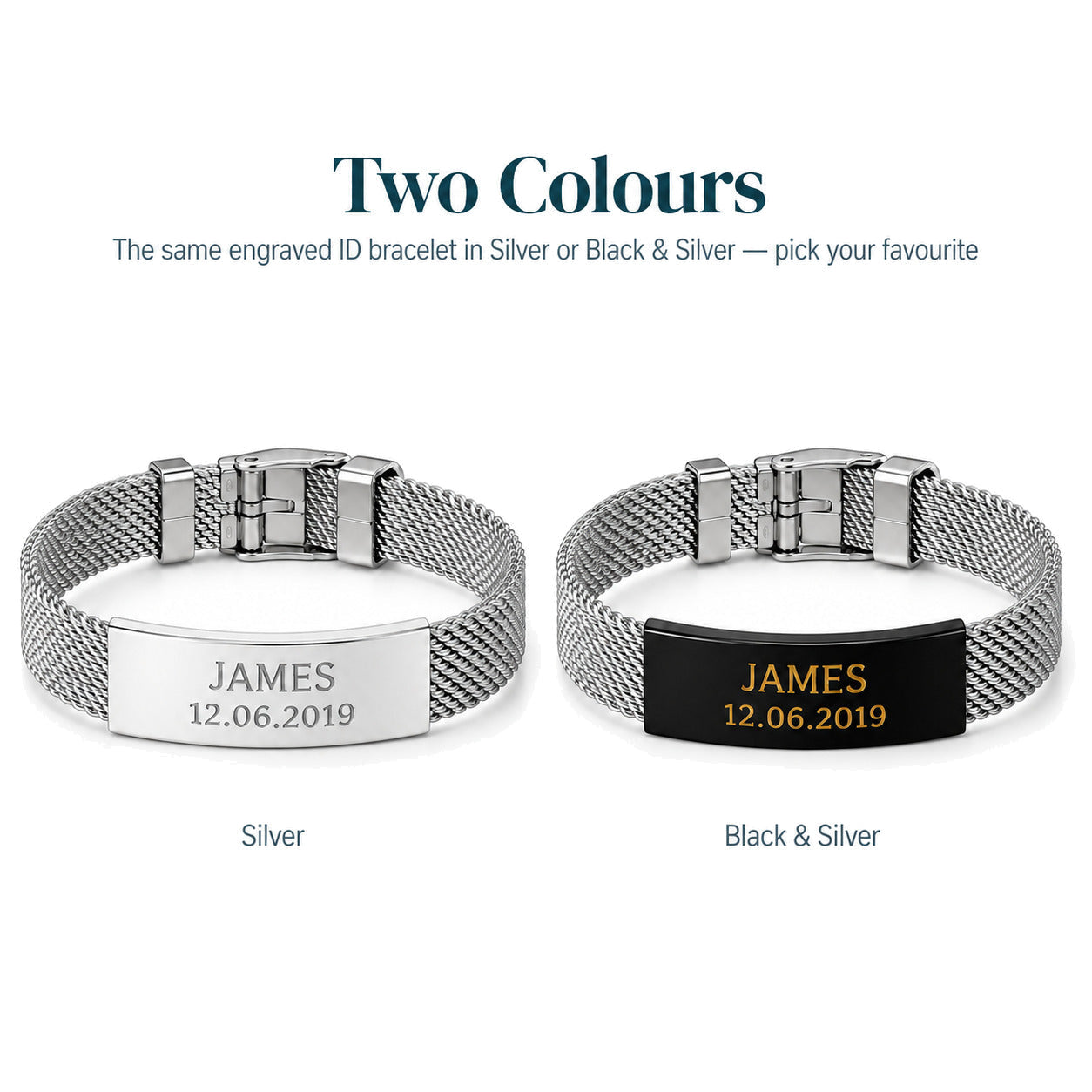 Personalised Bracelet — Engraved Mesh Strap — Colours