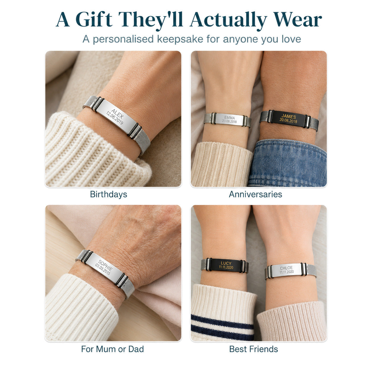 Personalised Bracelet — Engraved Mesh Strap — Gift Ideas