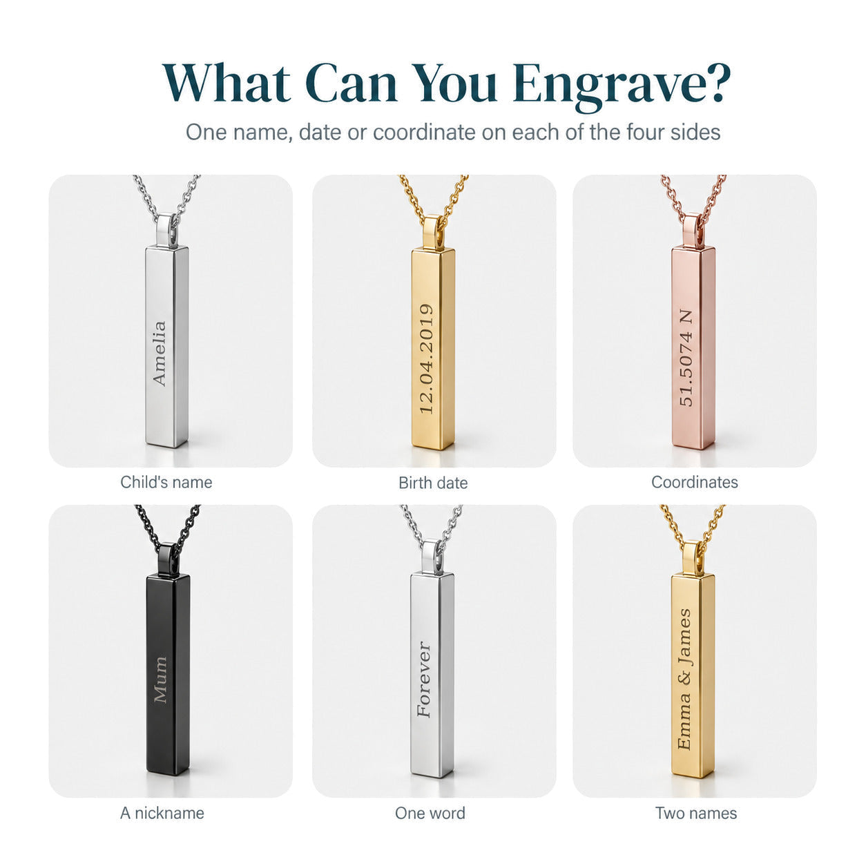 Personalised Vertical Bar Necklace — 3D Column Pendant — Engraving