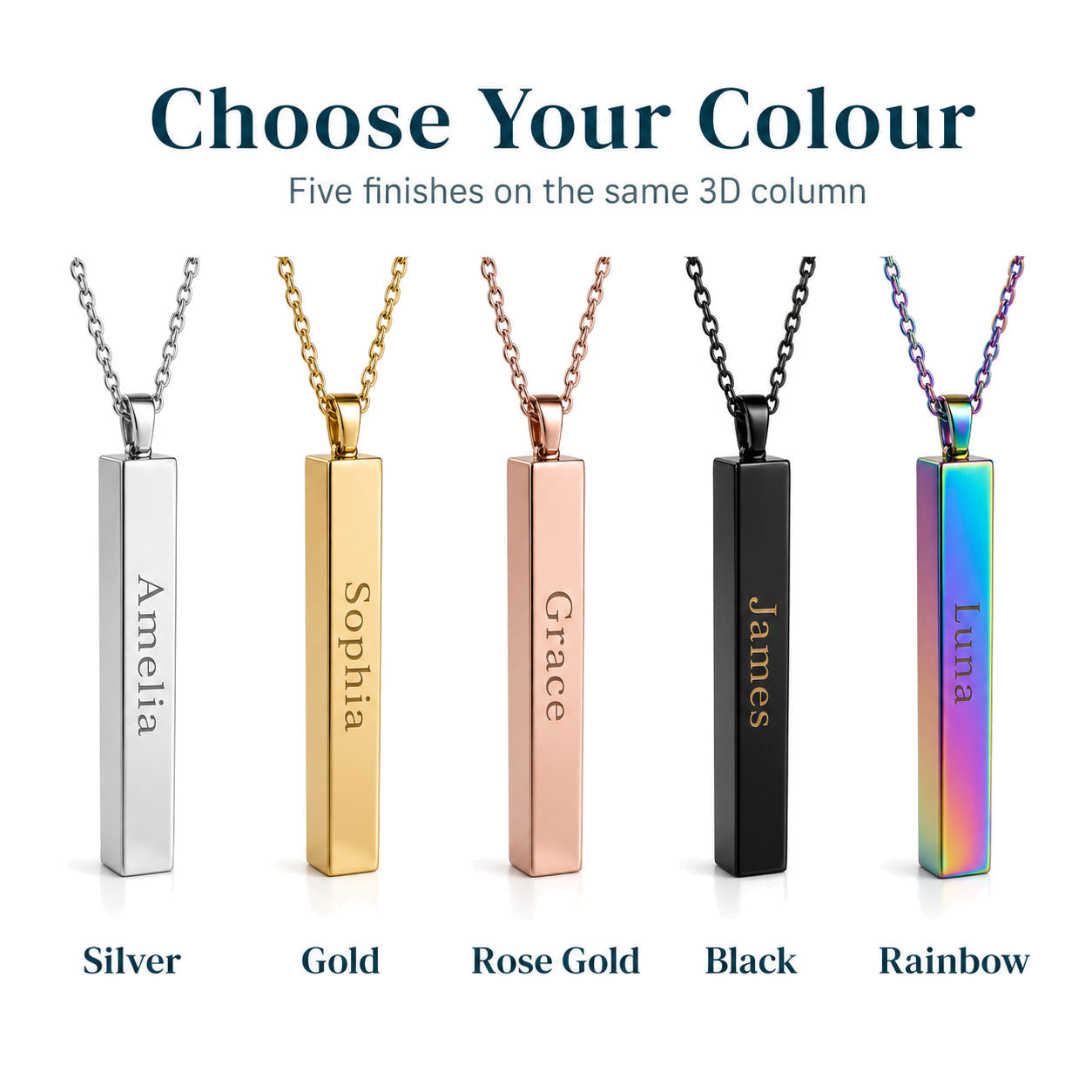 Personalised Vertical Bar Necklace — 3D Column Pendant — Finishes