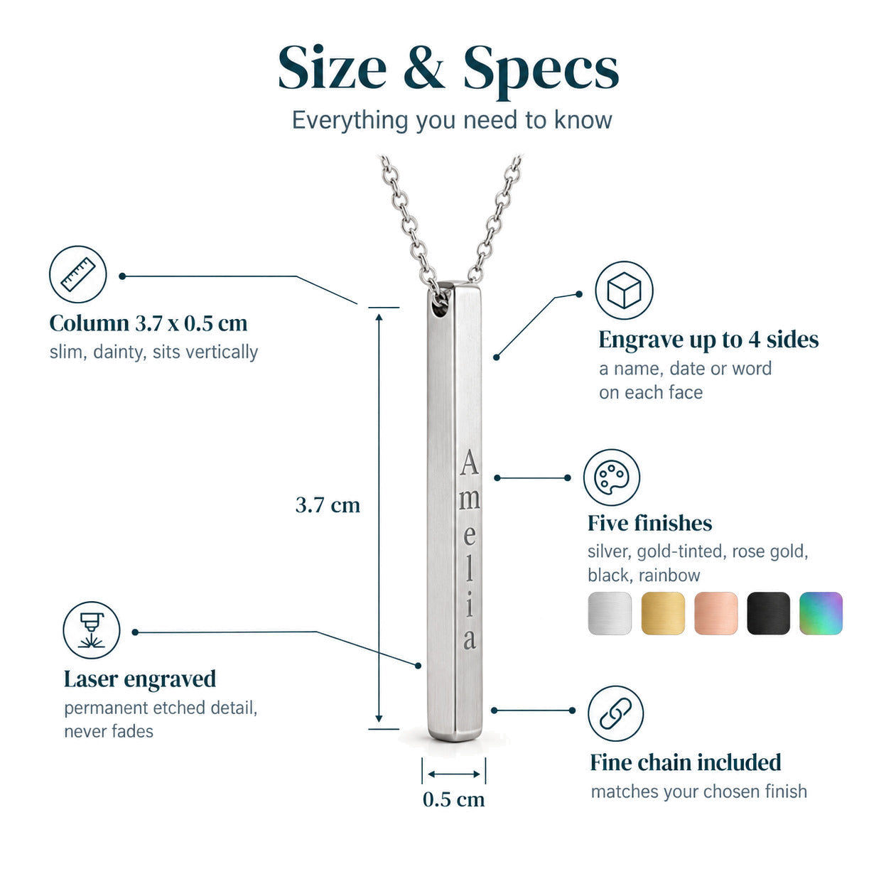 Personalised Vertical Bar Necklace — 3D Column Pendant — Size & Specs