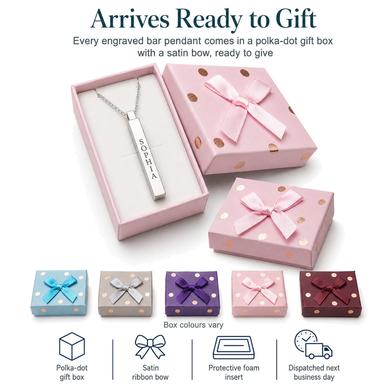 Personalised Vertical Bar Necklace — 3D Column Pendant — Gift Box